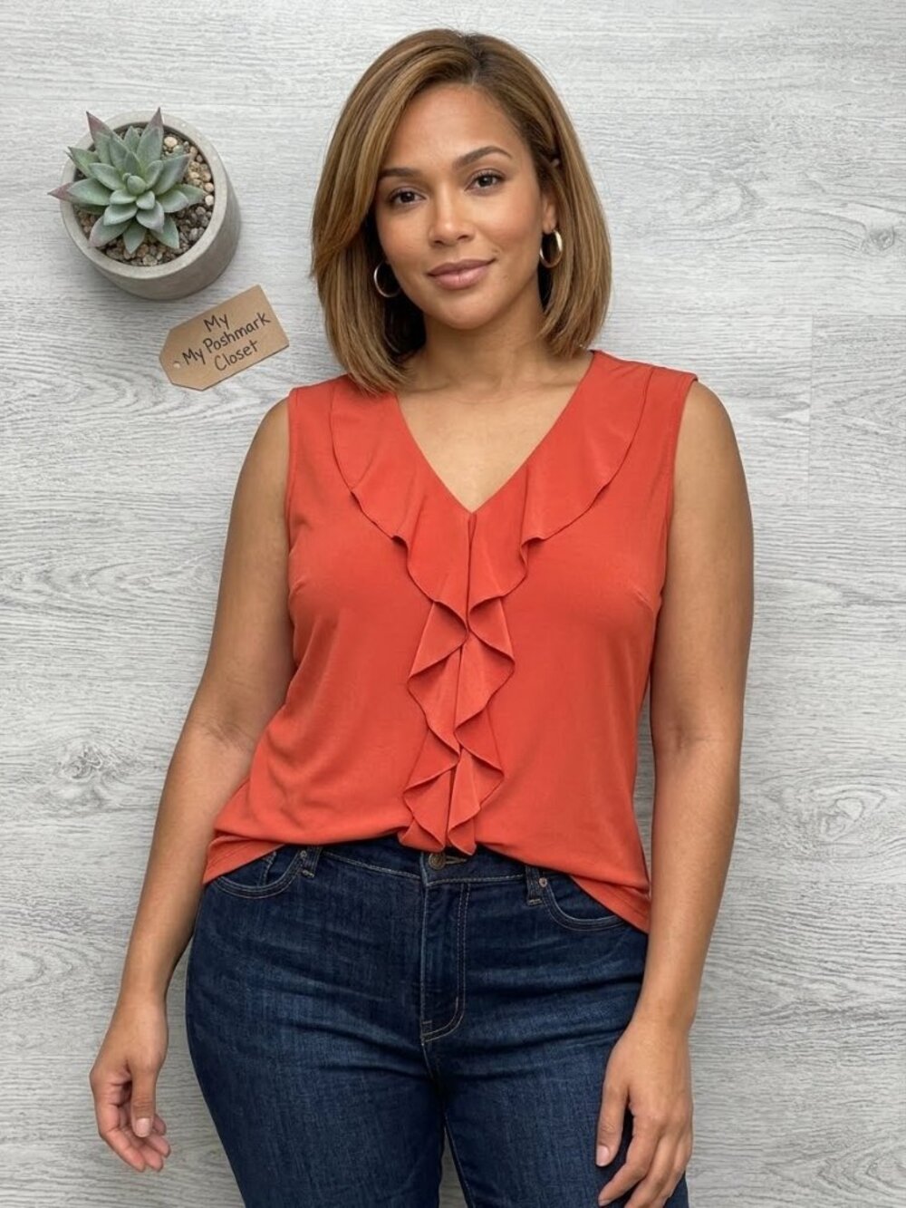 Laura Burnt Orange Ruffle Front Sleeveless Top Size XL Business Casual Autumn